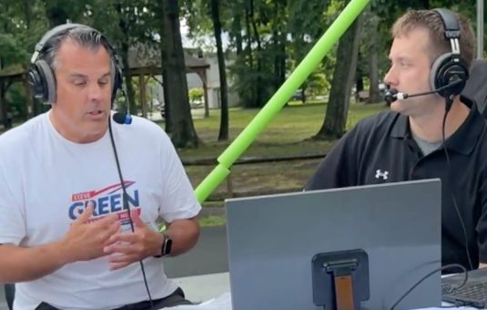 Mike Bradley interviewing Steve Green during Maryland primary coverage